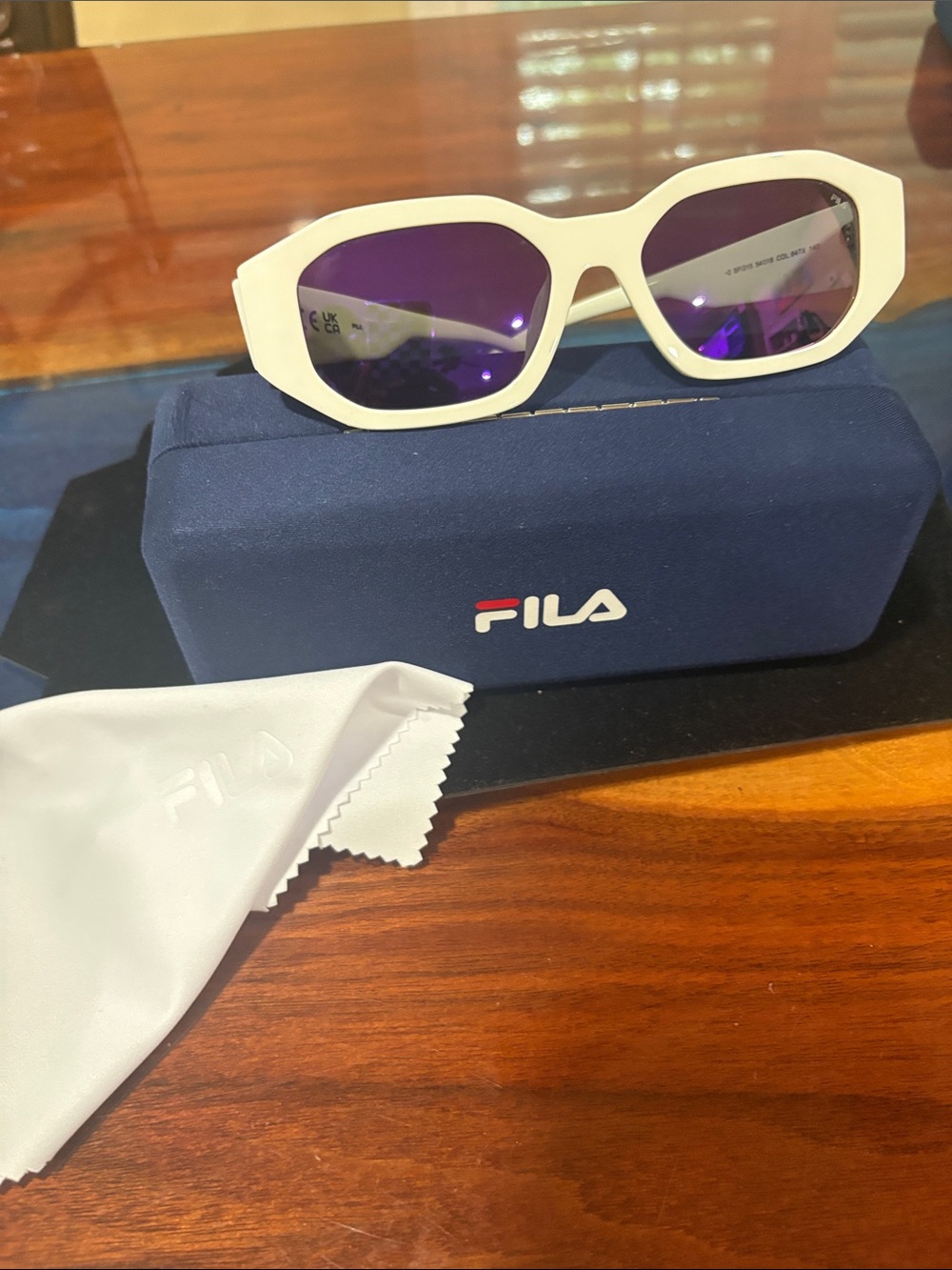 FILA White Frame Sunglasses with Purple Lenses and Geometric Shape